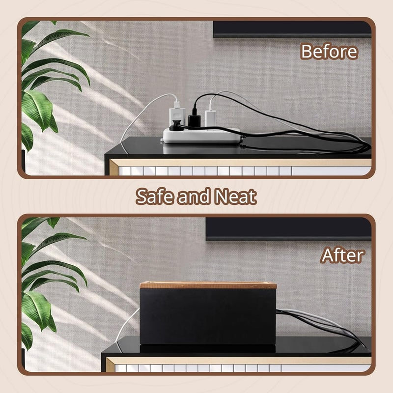 CMLKLZD Wood Cable Management Box - Cable Organizer Box - 2 Open Slots Cords Hider Box - Under Desk Cord Organizer for Power Strip Extension Cord Surge Protector Charger Wire, Black - Image 5